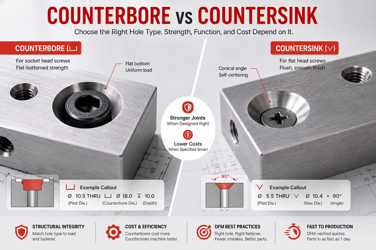 Counterbore vs Countersink Holes in CNC Machining