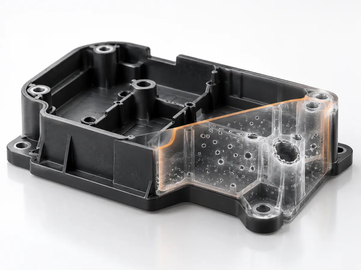 Injection molded part with internal bubbles and vacuum voids