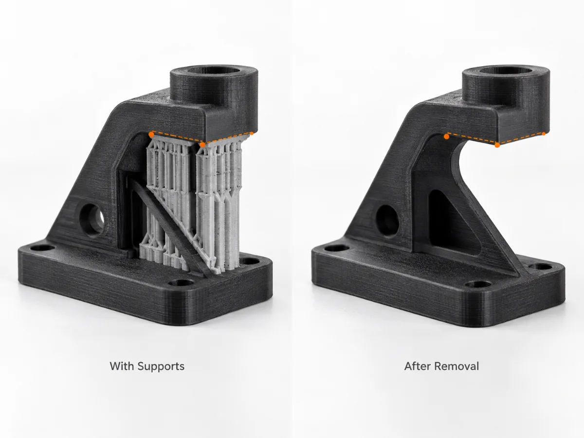 3D printed part before and after support removal