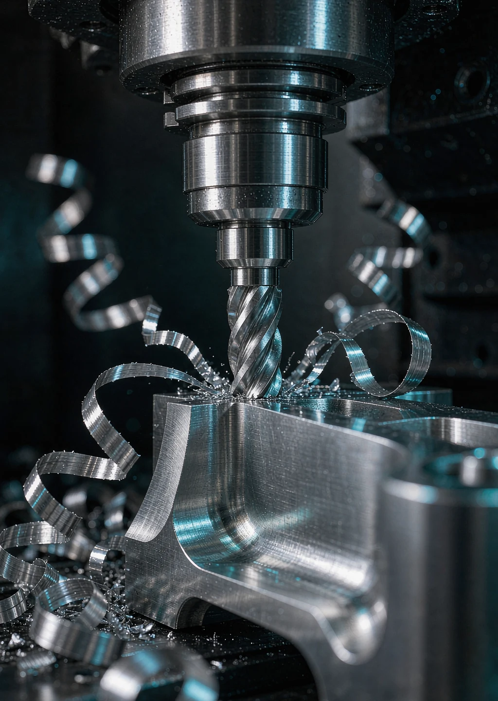 CNC milling cutter machining an aluminum part