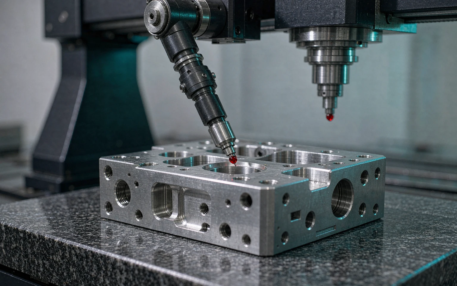 CMM inspection of a machined medical device component on a granite surface plate
