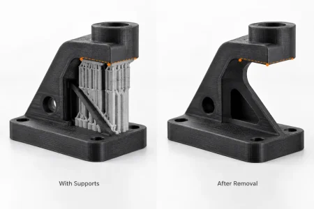 3D printed part before and after support removal